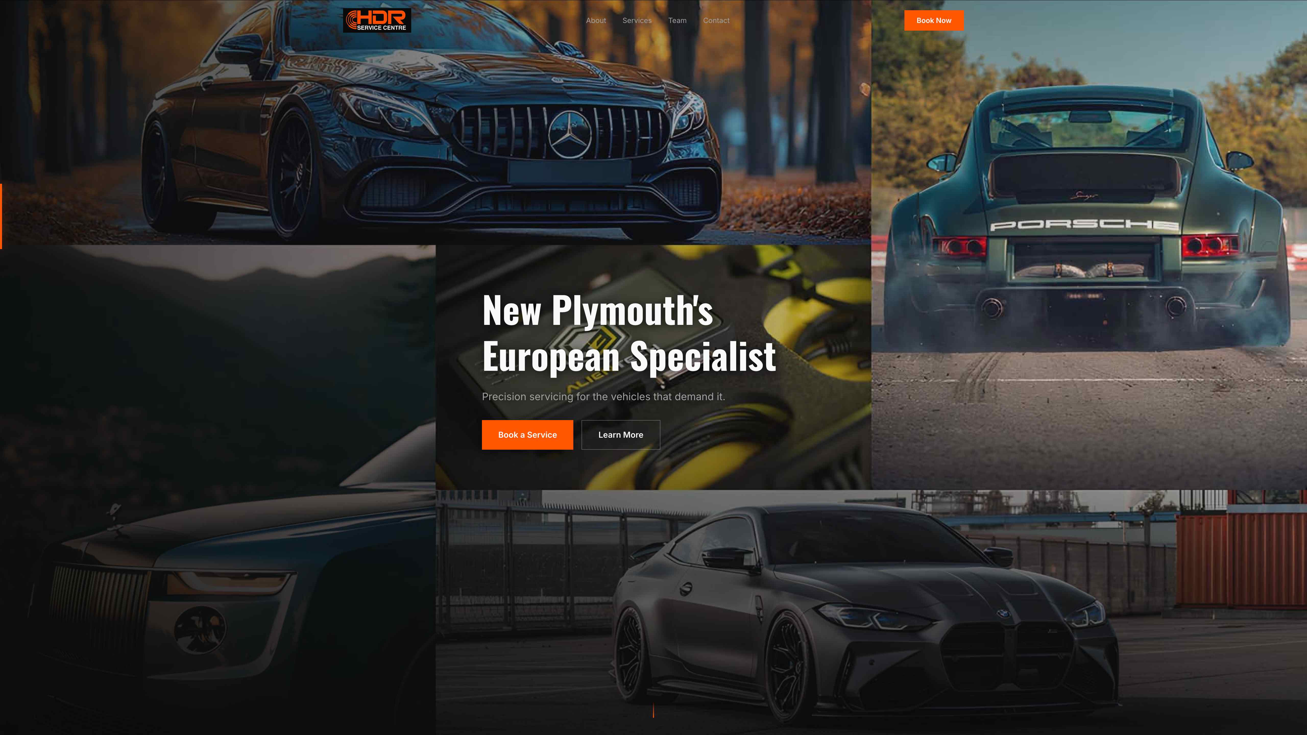 HDR Automotive's website after the 5-Day Upgrade — a sleek, modern dark layout with a clear headline, premium car photography, and prominent calls to action